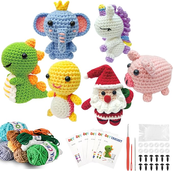 Christmas Gifts Crochet Kit for Beginners – 6PCS DIY Animal Crochet Starter Kit with Step-by-Step Tutorials, Amigurumi Knitting Kit for Kids Ages 8-12 & Adults, Yarn Craft Kit for Holiday Handmade