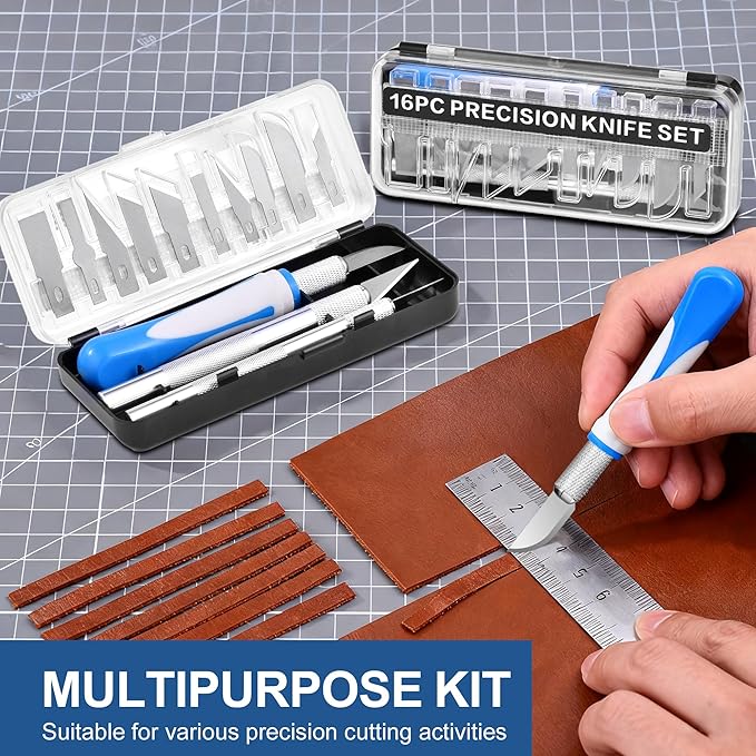 16 Pcs Premium Precision Craft Knife Set, 10 Replaceable Carbon Steel Blades, Hobby Knife for Scrapbooking, Stencil, Architecture, Wood/Leather Working