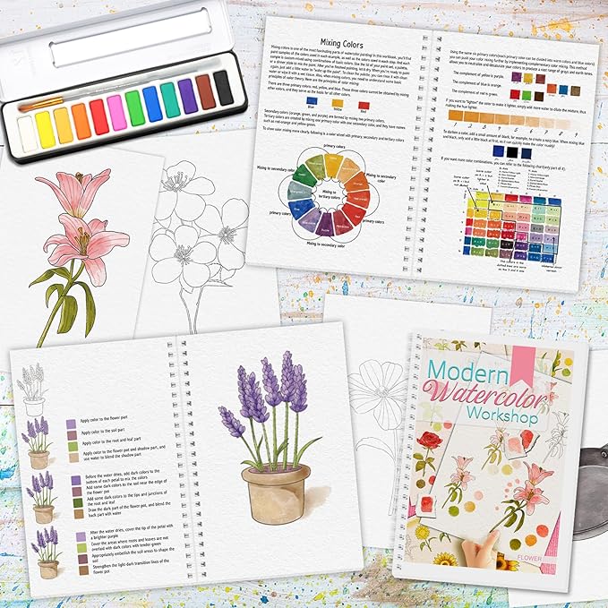 Watercolor Workbook, Watercolor Workbook Paint Book Beginner Friendly with 12 Patterns, Beginner-Friendly Watercolor Workbooks with 12 Paint Colors & Brush, Water Color Paint Set Valentine's Day Gift
