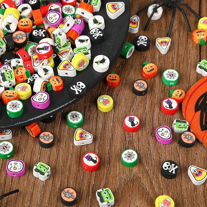 Augshy Halloween Polymer Clay Beads - 300PCS Assorted Pumpkin Ghost Skeletons Spider Bat Clay Beads for Bracelet Necklace Jewelry Making