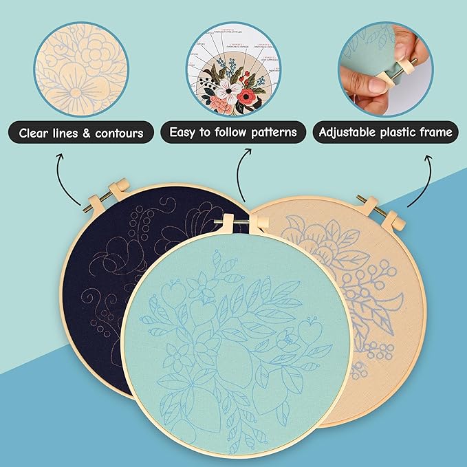 Colorful Flowers Embroidery Kit for Beginners – DIY Hand Embroidery Set with 3 Hoops, Stamped Patterns, Needles, Thread, Scissors – Floral Embroidery Kit for Adults, Teens, Women, Craft Lovers