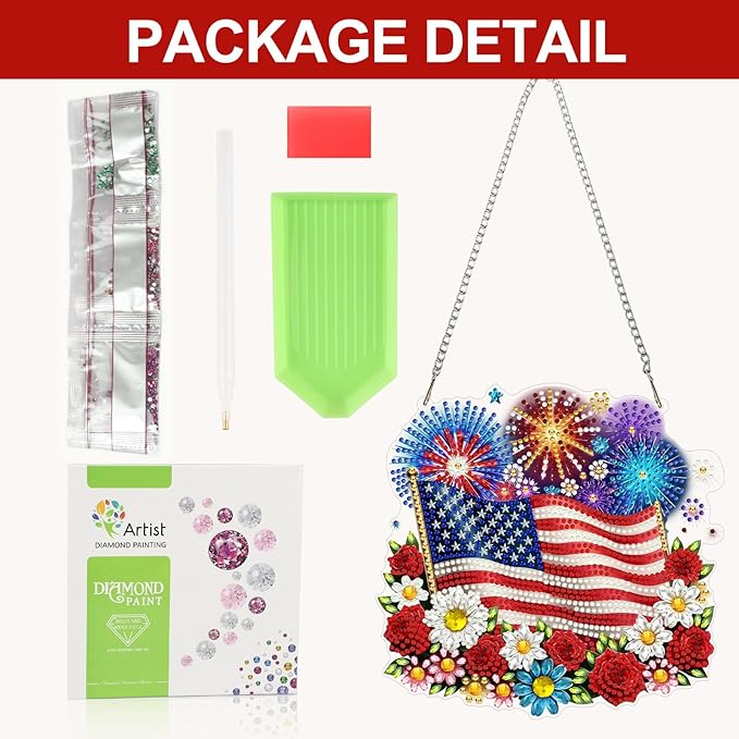 CEOVR American Flag Hanging Diamond Art for Adults, Independence Day Diamond Painting Pendant DIY Gem Art Wall Ornament, Acrylic Home Garden Decor with Chain, Box Kit 7.87×7.67 inch