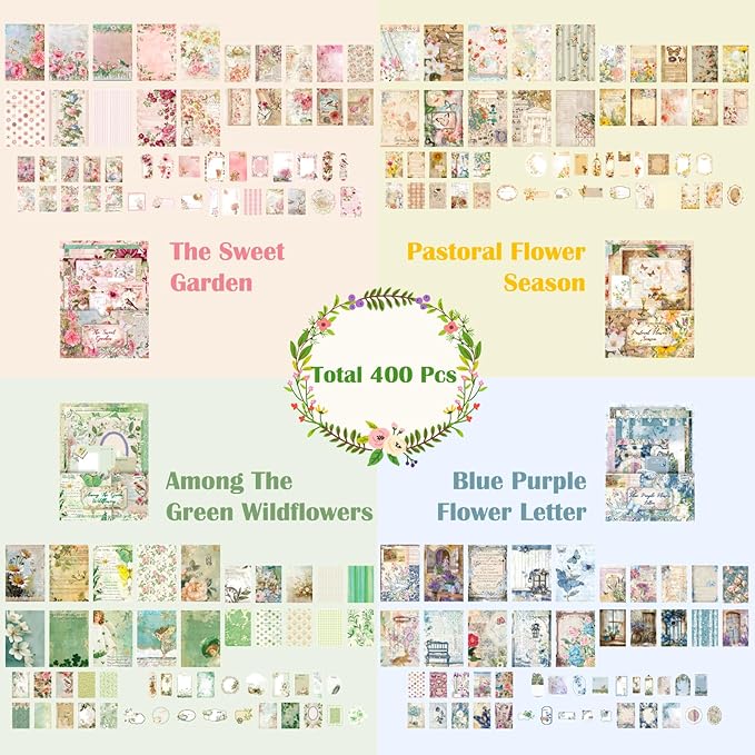 400 Sheets Floral Scrapbook Paper, 4 Packs Junk Journal Scrapbooking Supplies for Journaling, Scrapbooking Embellishments, Planner, Card Making, Collage