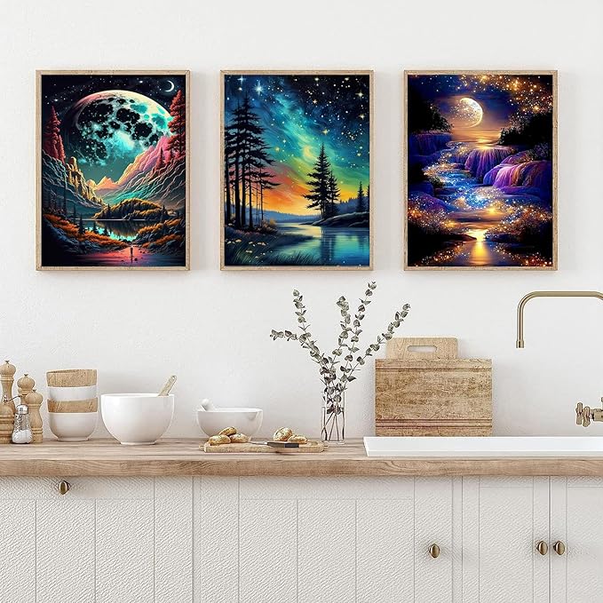 Meothan 6 Pack 5D Diamond Art Painting Kits for Adults Beginners DIY Round Full Drill Diamond Art Kits Moon Beach with Diamonds Gem Art Set for Home Wall Decor 12 x 16 Inch