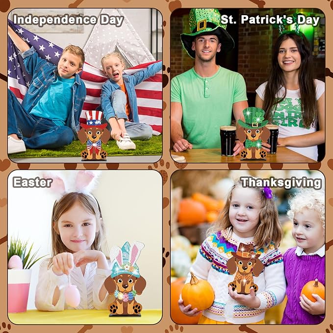 DoubleFill 42 Pcs Easter Diamond Kits St Patricks Day Interchangeable Wooden Table Decorations DIY Holiday Easter Party Seasonal Tiered Tray Art Decor Diamond Painting Magnets(Dog)