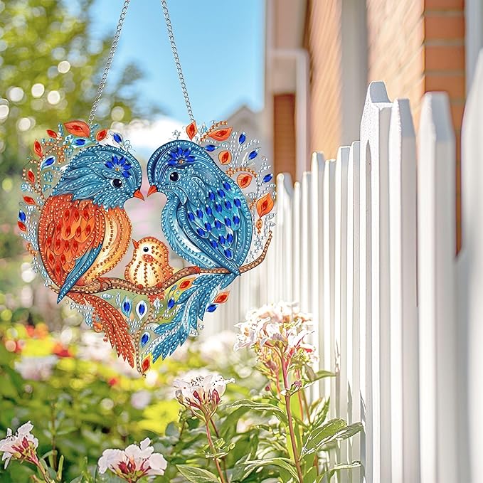 Wergund 5D DIY Bird Diamond Art Hanging Kits, Hanging Diamond Art Family, Acrylic Special Shaped Rhinestone, Window Hanging Pendants for Home Wall Garden Front Door Outdoor Decor Gift(Bird)