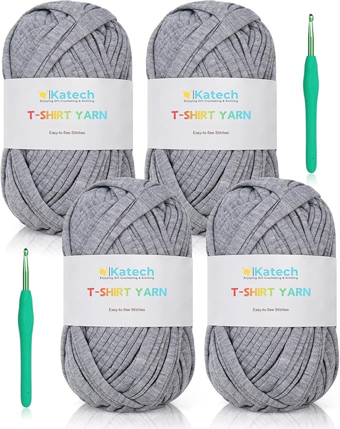 Katech 400g T-Shirt Yarn for Crocheting & Knitting, 130 Yards Elastic Fabric, Spaghetti Yarn for DIY Projects w/ 2pcs Crochet Hooks (Grey)