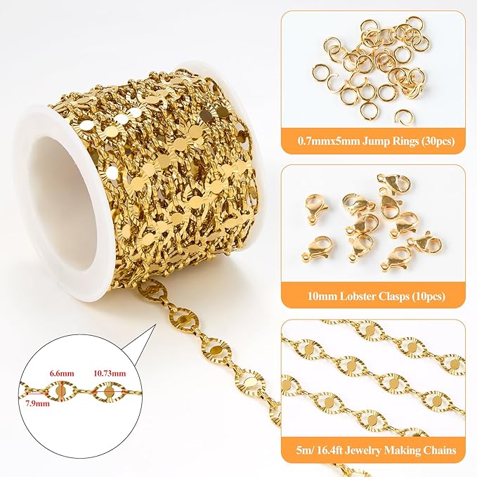 16.4 Feet Gold Plated Oval Link Chains Roll Strong Stainless Steel Chain for Jewelry Making