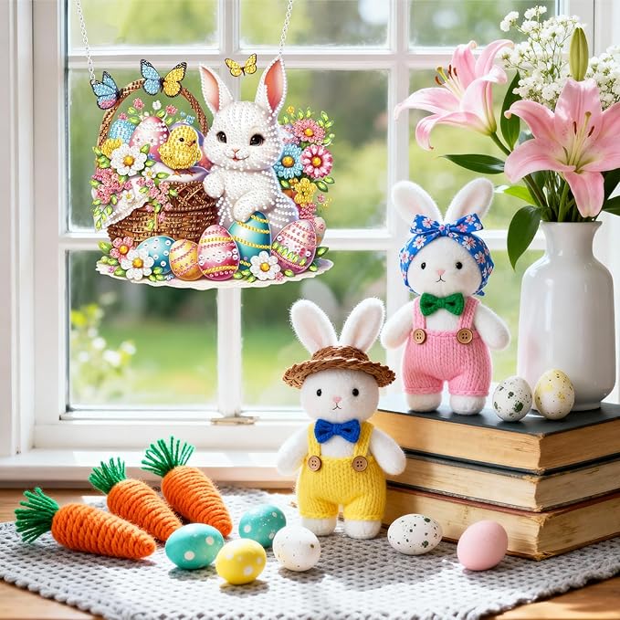 Ksheria Easter Diamond Art Hanging Kits for Adults, DIY Special Shape Crystal Diamond Painting Decor, Acrylic 5D Bunny Window Pendent, Gem Art Hanging Kits for Beginners Gift Wall Door, 9x7.5 Inch