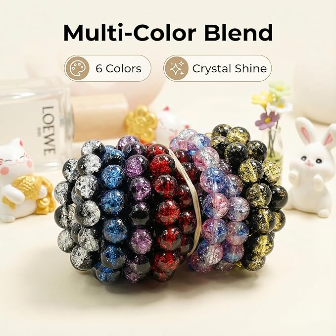 Glass Crystal Beads for Jewelry Making Kit, 6 Colors 300 PCS Colorful 10 mm Glass Beads for Bracelets Home Decor DIY Crafts Bracelet Necklace Supplies with Hemp Rope Handmade Polished Elastic Strings