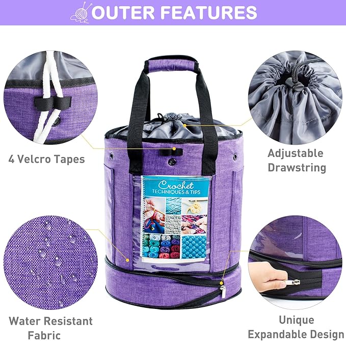 Expandable Yarn Storage Organizer, Crochet Bag & Yarn Tote with Zipper Closure, Yarn Holder for Crocheting and Knitting for Yarn Skeins, Hooks, Needles,Accessories – Gift for Crafters