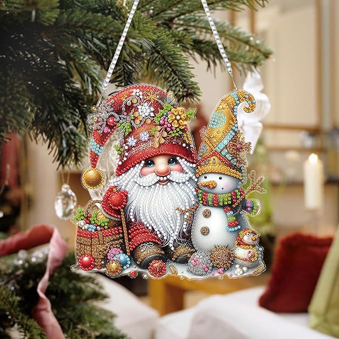 Auremi Gnome Diamond Art Hanging Kit for Adult, Special Shaped Rhinestone, DIY Acrylic 5D Christmas Diamond Painting Window Pendants Signs, Home Garden Wall Hanging Ornament