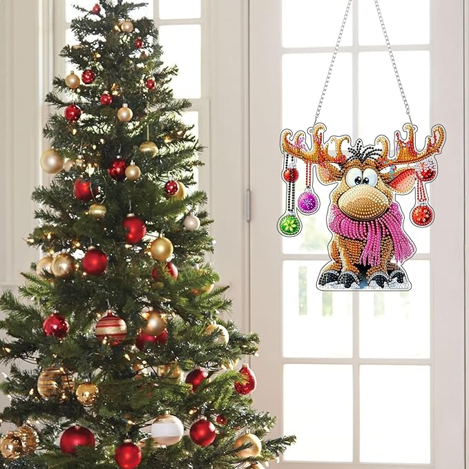 KEYIFA Christmas Diamond Painting Kit, DIY Reindeer Diamond Art for Adults, Diamonds Painting Pendant Special Shaped Rhinestone Window Hanging Ornaments Home Garden Wall Door Decoration, 20cm Width