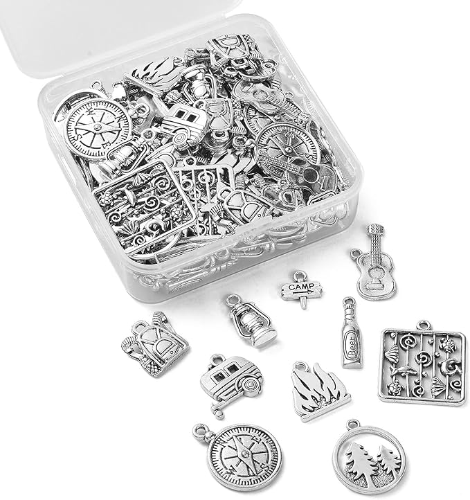 DanLingJewelry 100Pcs 10 Styles Retro Camp Charms Camp Sign Fire Guitar Carriage Oil Lantern Wine Bottle Charms for Jewelry Making DIY
