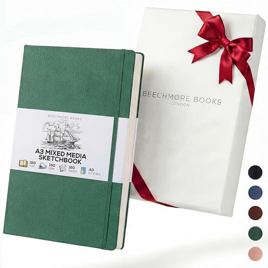 Beechmore Books A3 Mixed Media Sketchbook - 11.7x16.5 Extra Large Professional Studio Drawing Pad, 160 GSM / 98 lb Perforated Ivory Paper, Hardcover Lay-Flat Design, Gift Box for Artists & Watercolor