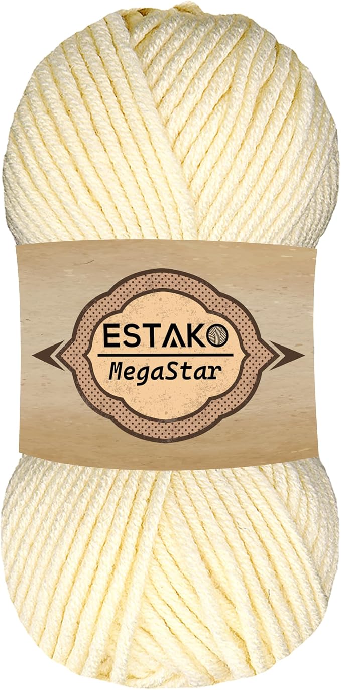 Estako Megastar, 75% Acrylic 25% Wool Yarn, Soft, Chunky Bulky Weight #5 for Crochet and Knitting 3.52 Oz (100g) / 120 Yrds (110m) (60299 - Cream)