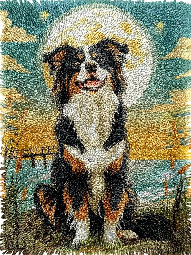 Australian Shepherd Dog Smiling Latch Hook Kits Rug Crochet Yarn Pre-Printed Cushion Embroidery Needlework Carpet Cover DIY Hook and Latch Kit Tapestry Christmas Decor 38x52cm(2)