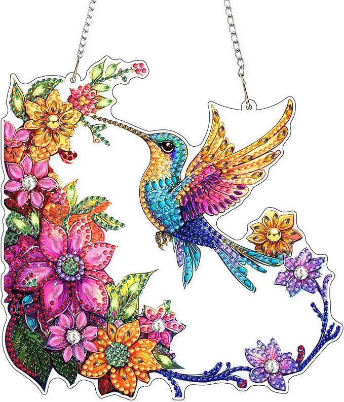 Lxmsja DIY Hummingbird Diamond Painting Hanging Ornament, Double-Sided Acrylic Colorful Flowers Diamond Art Kit, Special Shaped Suncatcher Hanging Pendant Window Art Kit 8x8 inch