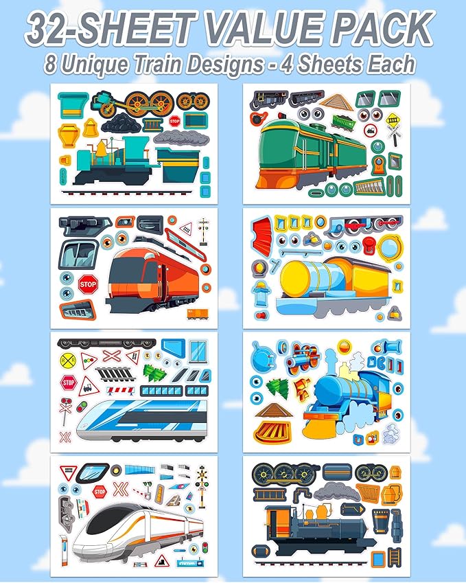 aowplc train stickers for kids – 32 sheets make-a-train mix & match kit – fun party favors & activities
