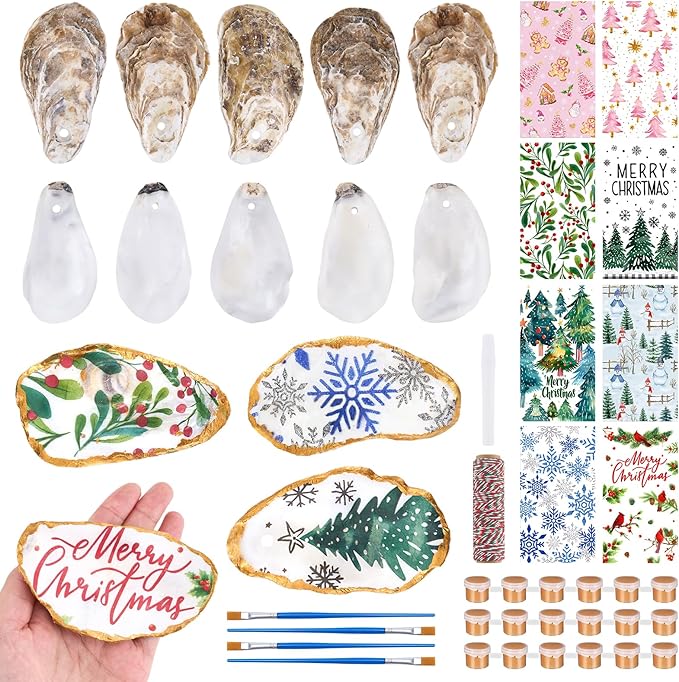 APUDWN 16 Set Oyster Shells for Crafts 4-5 Inch Christmas Pre-Drilled Oyster Shells Crafts Kits with Decoupage Paper Napkin Glue Paint Twine and Brushes for Xmas Decor DIY Arts Seashells Ornaments