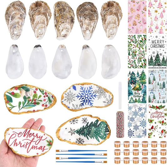 APUDWN 16 Set Oyster Shells for Crafts 4-5 Inch Christmas Pre-Drilled Oyster Shells Crafts Kits with Decoupage Paper Napkin Glue Paint Twine and Brushes for Xmas Decor DIY Arts Seashells Ornaments