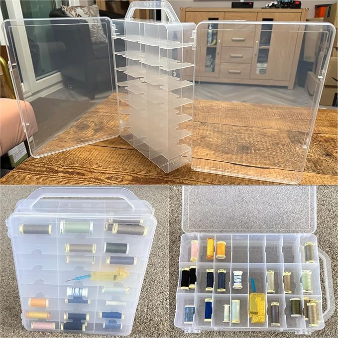 Double-Sided Sewing Organizer Box with 46 Grids - Clear Plastic Thread Storage Case for Embroidery Floss, Sewing Threads, Needles, Beads & Craft Supplies (Portable Craft Organization Container)