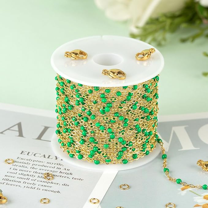 KYUNHOO 16.4 Feet Gold Plated Jewelry Chain Roll Stainless Steel Cable Chain Links Green Bead Rosary Chains with Jewelry Findings for Necklace Bracelet Making