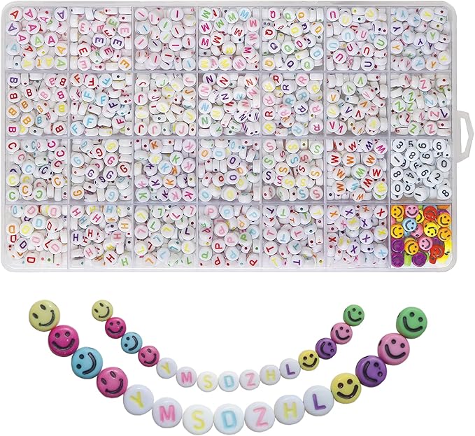 Alphabet Beads A-Z 1400Pcs Letter Beads, Acrylic 4x7mm Round Letter Beads Kits,Black Digit and Colorful Smile Beads for Bracelets Necklaces DIY Jewelry Making (Colorful,1400PCS)