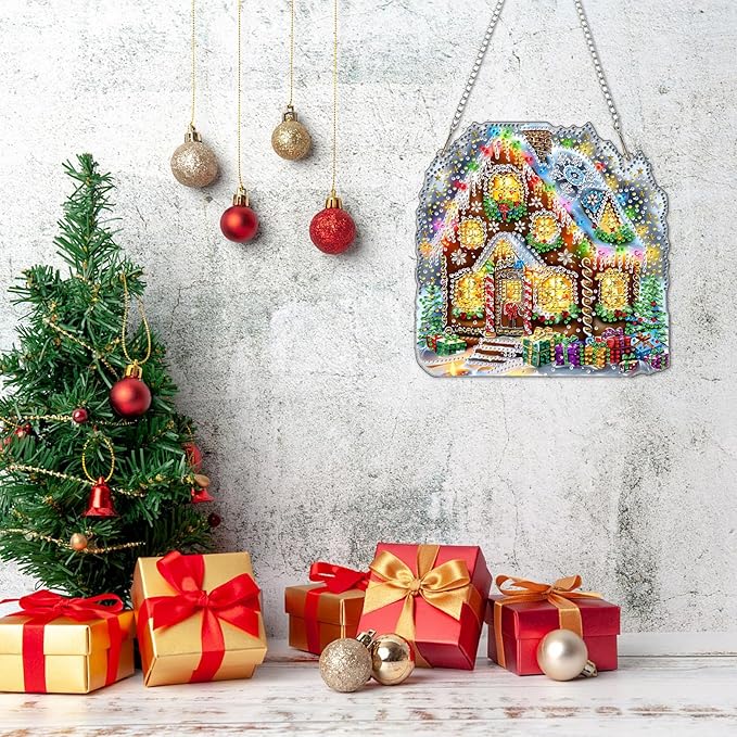 DOMROM House Diamond Art Hanging Kits for Adults Beginners, Special Shaped Crystal Diamond Painting House Pendant, DIY Diamond Art Suncatchers Christmas for Home Garden Wall Decor Gift