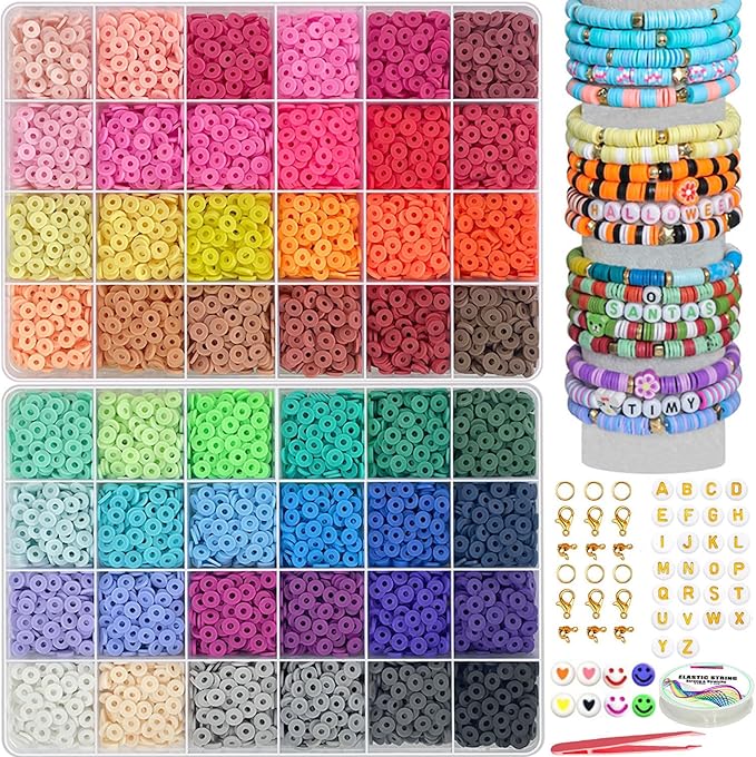 YMSDZHL 7100+PCS Clay Beads Bracelet Making Kit,48 Color DIY Flat Preppy Beads for Friendship Jewelry Making,Polymer Heishi Beads with Charms Gifts for Teen Girls Crafts for Ages 4-12 (7100+PCS)