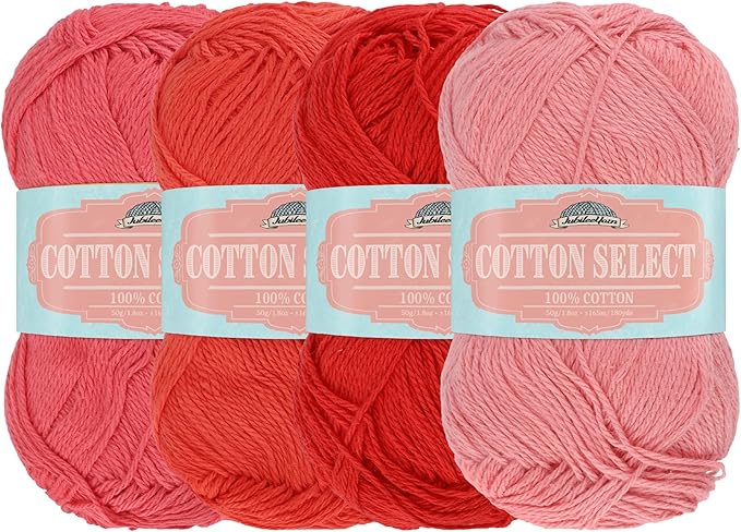 JubileeYarn Cotton Select Yarn - 50g/Skein Sport Weight - Shades of Red - 4 Skeins