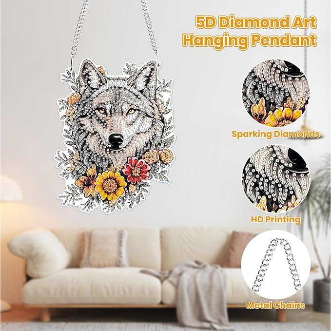 MOGTAA Wolf Diamond Art Hanging Pendant Kits, 5D Special Shape Diamond Art Kits for Adults, Crystal Rhinestones Flowers Diamond Painting Gem Art for Home Garden Wall Decor