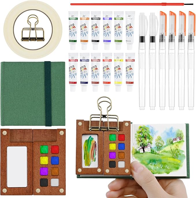 Mini Portable Watercolor Palette Set–Complete Travel Watercolor Set with 12 Watercolor Paints, Wooden Grid Paint Box, Mini Sketch Book, Masking Tape, 6 Brush Pens & Binder Clips