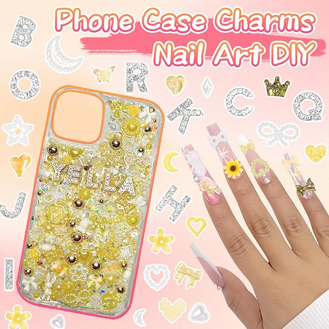 330 Pcs Junk Phone Case Charms 26 Pcs A-Z Rhinestone Alphabet Letter Charm, Mix Yellow Flower Bow Heart Pearls Flatback Resin Charms Letter Junk Cases Kit for DIY Crafts