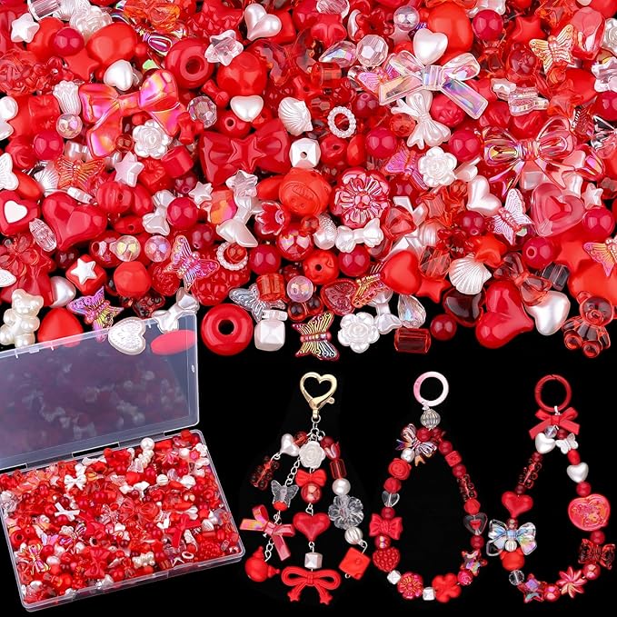 200-260PCS TINKRSTUFF Assorted Acrylic Beads Red Cute Beads for Bracelet Making,Aesthetic Star Flower Bow Butterfly GummyBear Kawaii Charms for Jewelry Necklace Making DIY Keychain Phone Charm Bulk