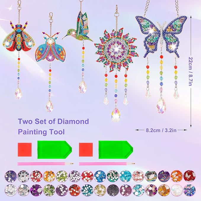 VibyTiby 5 pcs Diamond Art Kit, Suncatcher Craft, Complete DIY Kit with Crystals Pendants for Home Decor, Creative Gift for Crafters