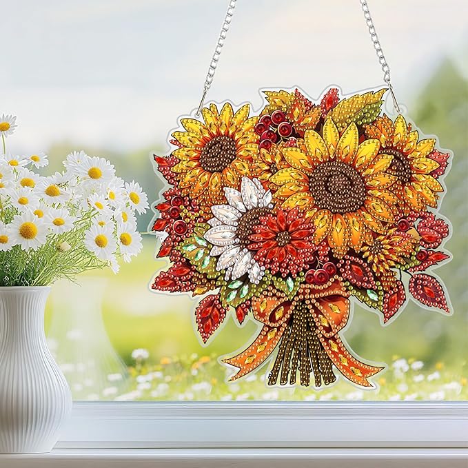 NEWENMO Diamond Art Hanging Kit for Adult, Sunflower Bouquet, DIY Double Sided Acrylic Special Shaped Diamond Art Painting Window Pendant Flowers, Home Garden Wall Hanging Ornament Kits