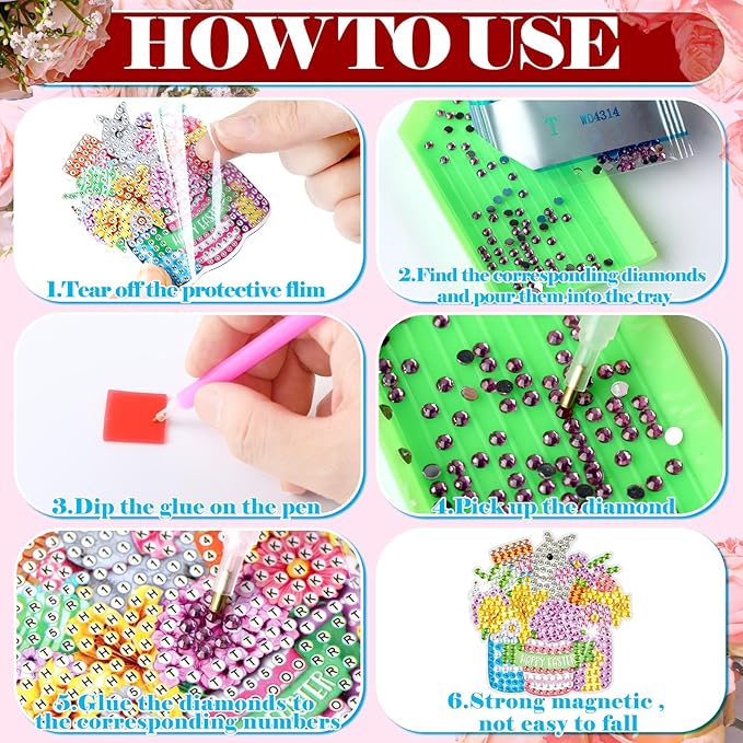 Frienda 12 Pcs Diamond Art Magnets Refrigerator Diamond Painting Magnets Holiday Seasonal Flower Basket Easy Kits Interchangeable for Adults Beginners DIY Flower Home Decors Gifts Craft