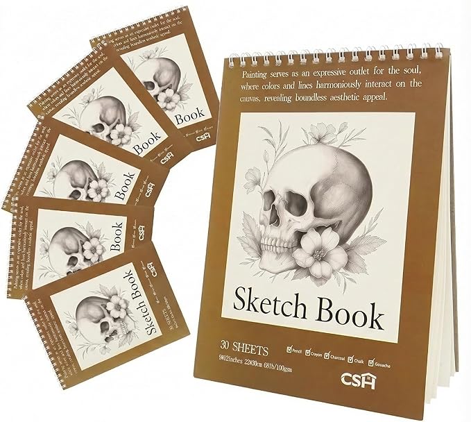 CSH 6 Pack Artist Sketch Book, 30 Sheets, 9x12 Inches, Brown Cover, for Pencil Crayon Charcoal Chalk Gouache, Spiral Bound Drawing Pad