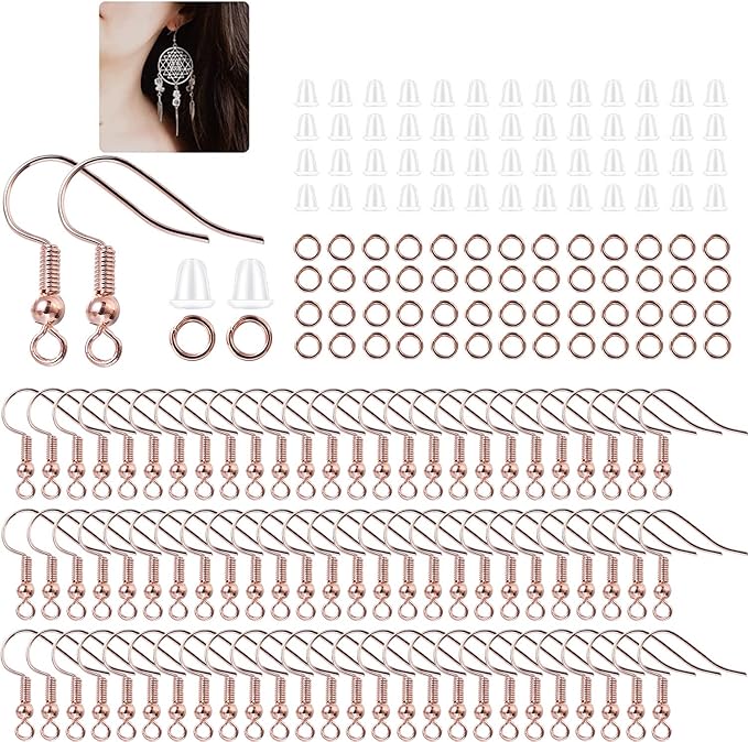 600Pcs Hypoallergenic Earring Hooks, Rose Gold Earring Making Kit, Supplies with Earring Backs and 4mm Jump Rings for Jewelry Making (Rose Gold)