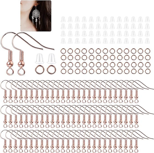 600Pcs Hypoallergenic Earring Hooks, Rose Gold Earring Making Kit, Supplies with Earring Backs and 4mm Jump Rings for Jewelry Making (Rose Gold)