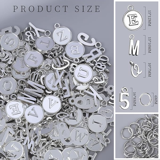 LEOBRO Letter Charms, 376 Pcs Silver Charms for Keychain Making, Bracelet Necklace Charm & Jump Rings, Jewelry Making Supplies, Silver