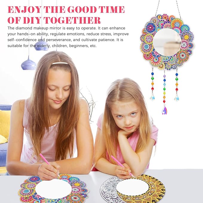 2Pcs DIY Diamond Painting Mirror, Moon Mandala Makeup Mirror, Special Shaped Crystal Suncatcher for Beginner Arts Crafts Gifts Home Decor (10x10 Inch)