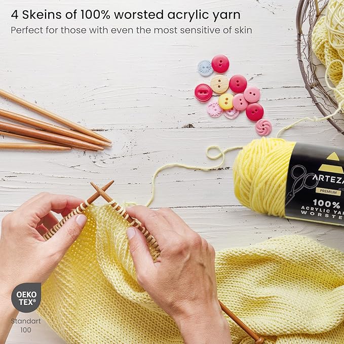 Arteza Acrylic Yarn for Crochet & Knitting, 4 Skeins, 100% Acrylic, 359 Yards Each, Yellow A101, Soft Worsted Yarn for DIY Projects, Amigurumi & More