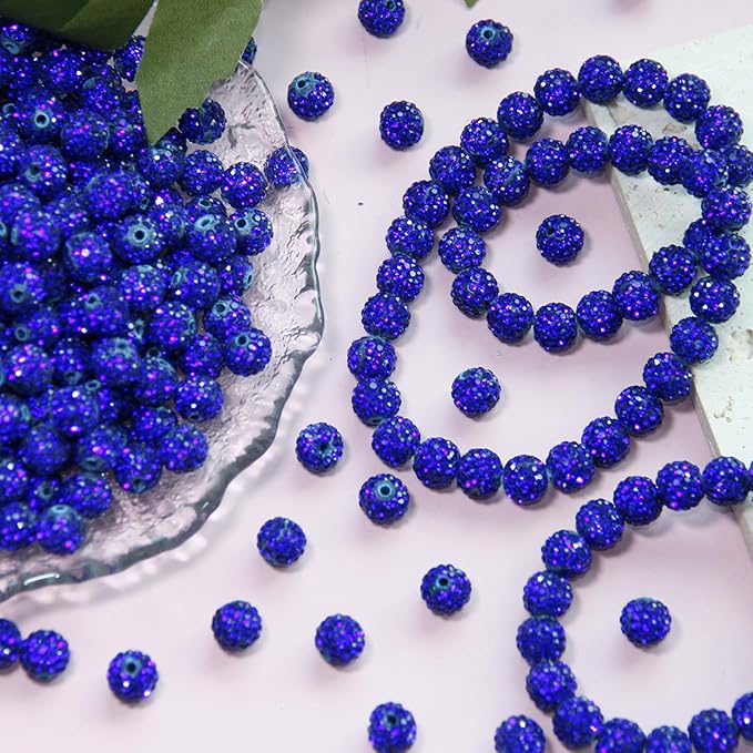 100 Pcs 10mm Rhinestone Beads for Jewelry Making, Dark Blue Shiny Round Shamballa Disco Baseball Necklace Beads Sparkle Crystal Clay Pave Rhinestones Bead for DIY Bracelet Earring Making Supplies
