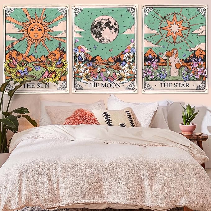 aipon tarot tapestry cute tarot card tapestries 3 pack sun moon star green floral flower small aesthetic tapestry wall hanging for bedroom living room dorm (15'' × 20'')