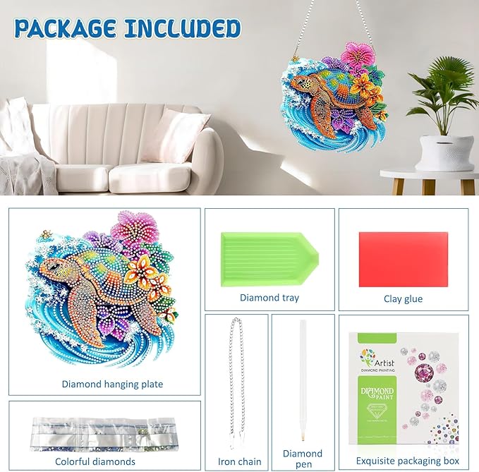 RICUVED Hanging Diamond Art Kit Turtle, Special Shaped Crystal Craft Sea Diamond Painting Pendant Kit for Adults Beginners, DIY Flowers Hanging Diamond Art Ornament Kit for Home Garden Decor