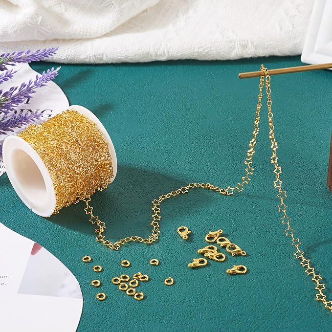 Pandahall 16.4 Feet 14K Gold Plated Star Jewelry Chains Brass Stars Link Chains Gold Soldered Cable Chains Necklace Welded Oval Link Chains & Jump Rings & Clasp for Women Bracelet Jewelry Making
