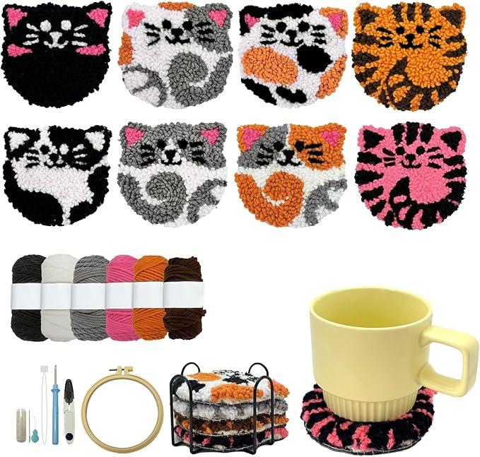 Punch Needle Kit for Beginners Adults Easy Needle Punch Embroidery Tool Set Including Threader Instruction Fabric Hoop Yarn Coaster DIY Making Kit Supplies,Set of 8 Cat Cute Pet Art Crafts Gifts