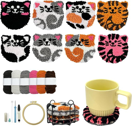 Punch Needle Kit for Beginners Adults Easy Needle Punch Embroidery Tool Set Including Threader Instruction Fabric Hoop Yarn Coaster DIY Making Kit Supplies,Set of 8 Cat Cute Pet Art Crafts Gifts